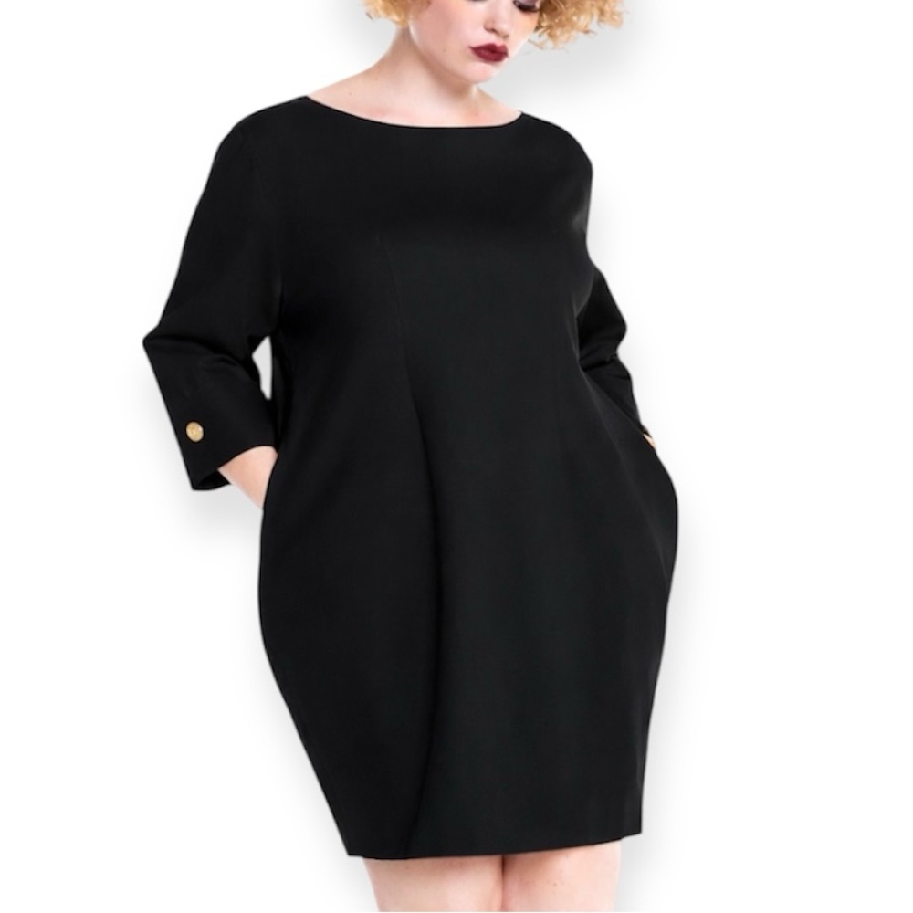 Black Shift Dress with Gold Button Detail, Flared Skirt - Women